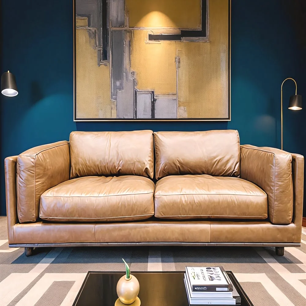 Beige Cotton-Blend Straight-Back Sofa
