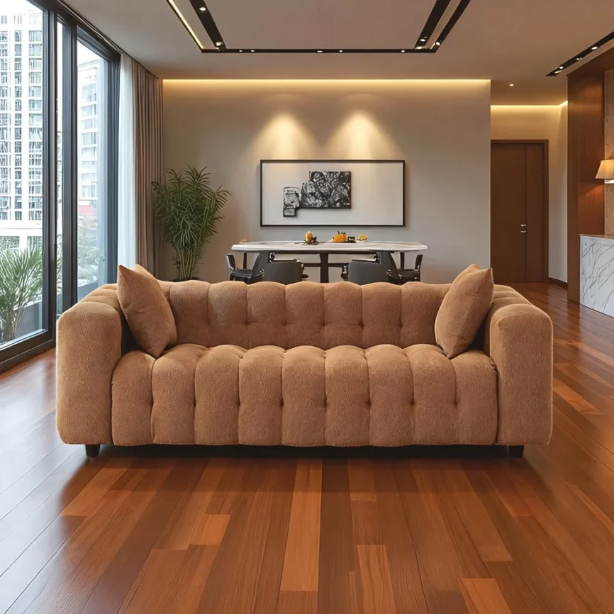 Brown Bouclé Tufted Sofa