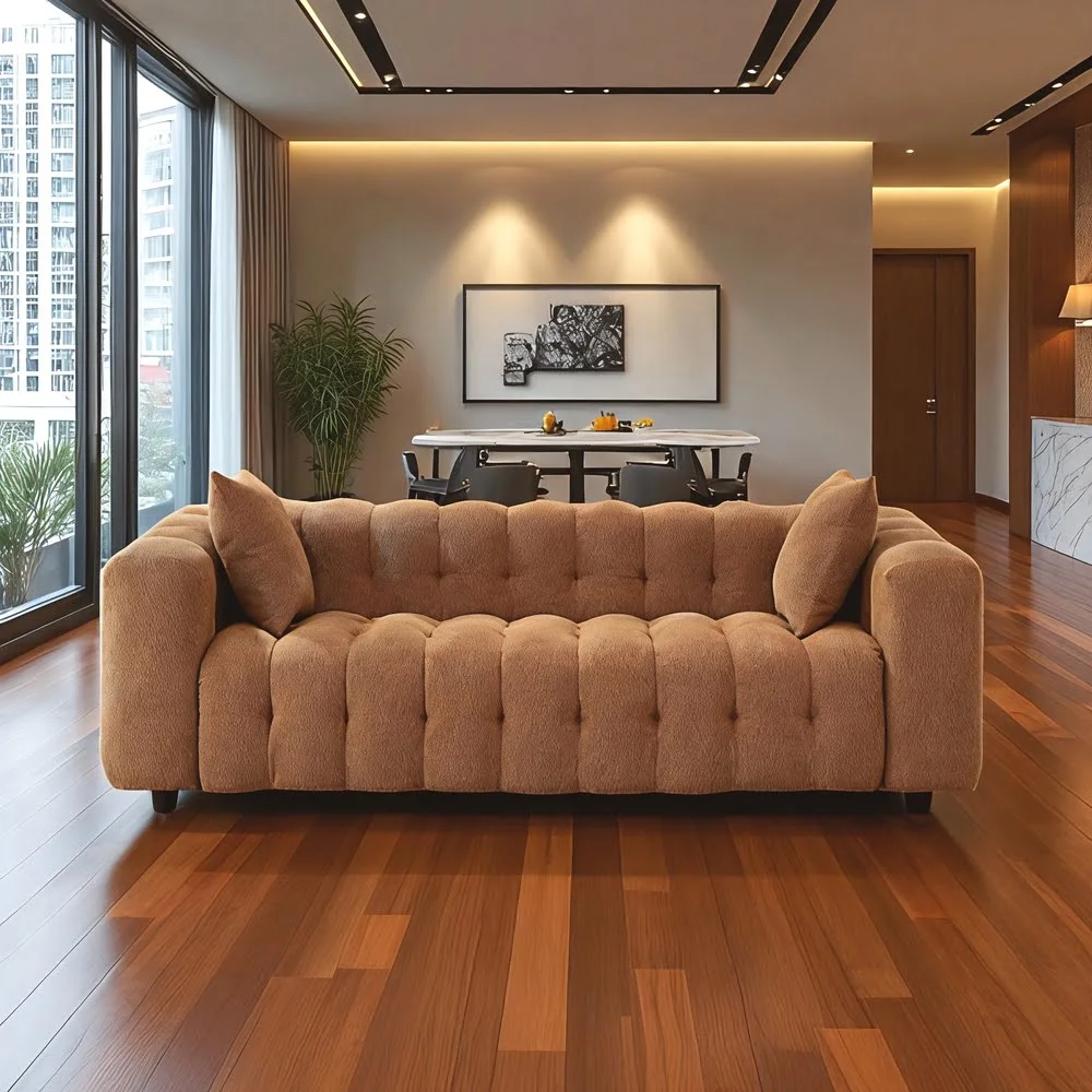 Brown Bouclé Tufted Sofa