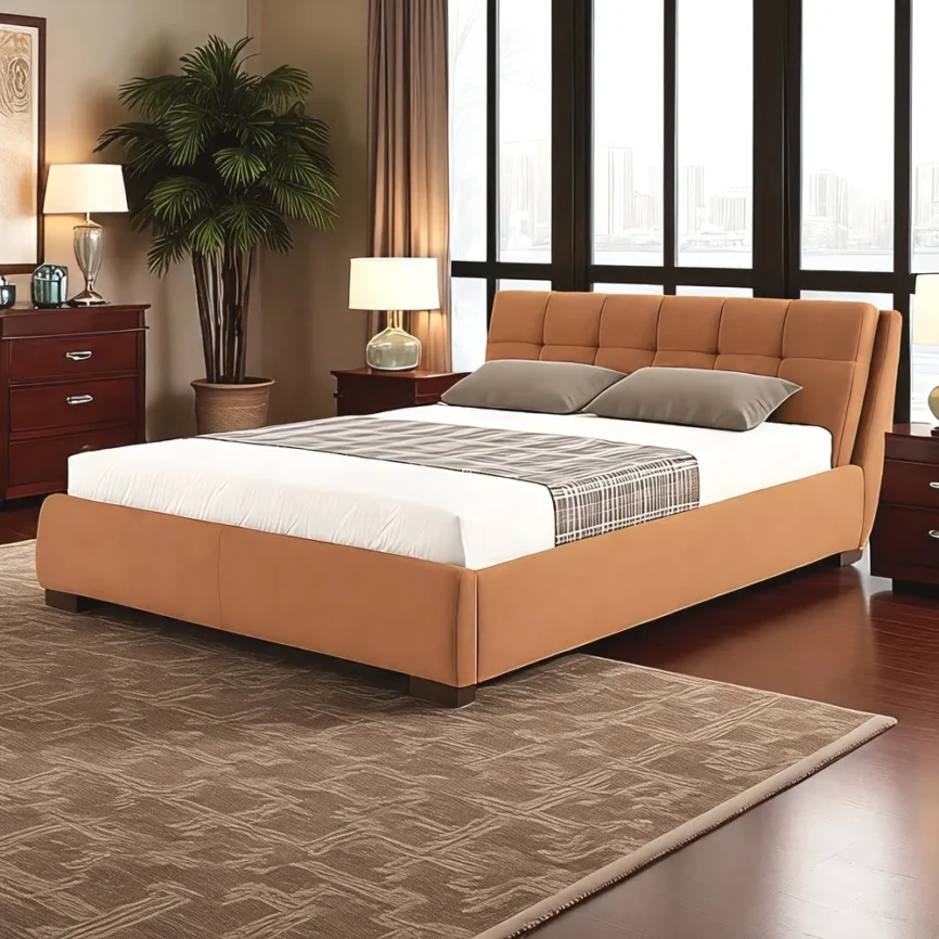 Charcoal Upholstered Bed Frame with Button-Tufted Headboard