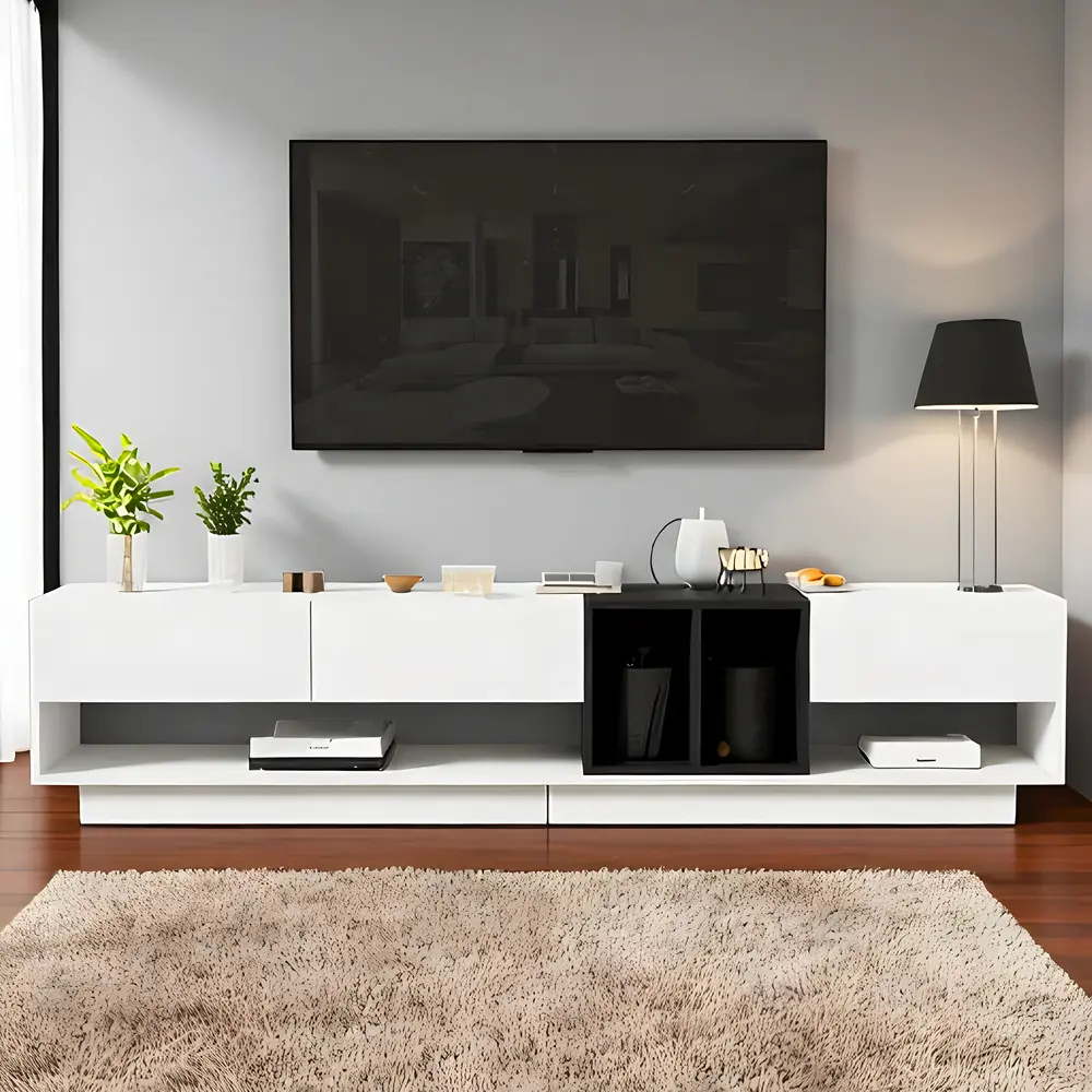 Contemporary White TV Stand with Open and Closed Storage