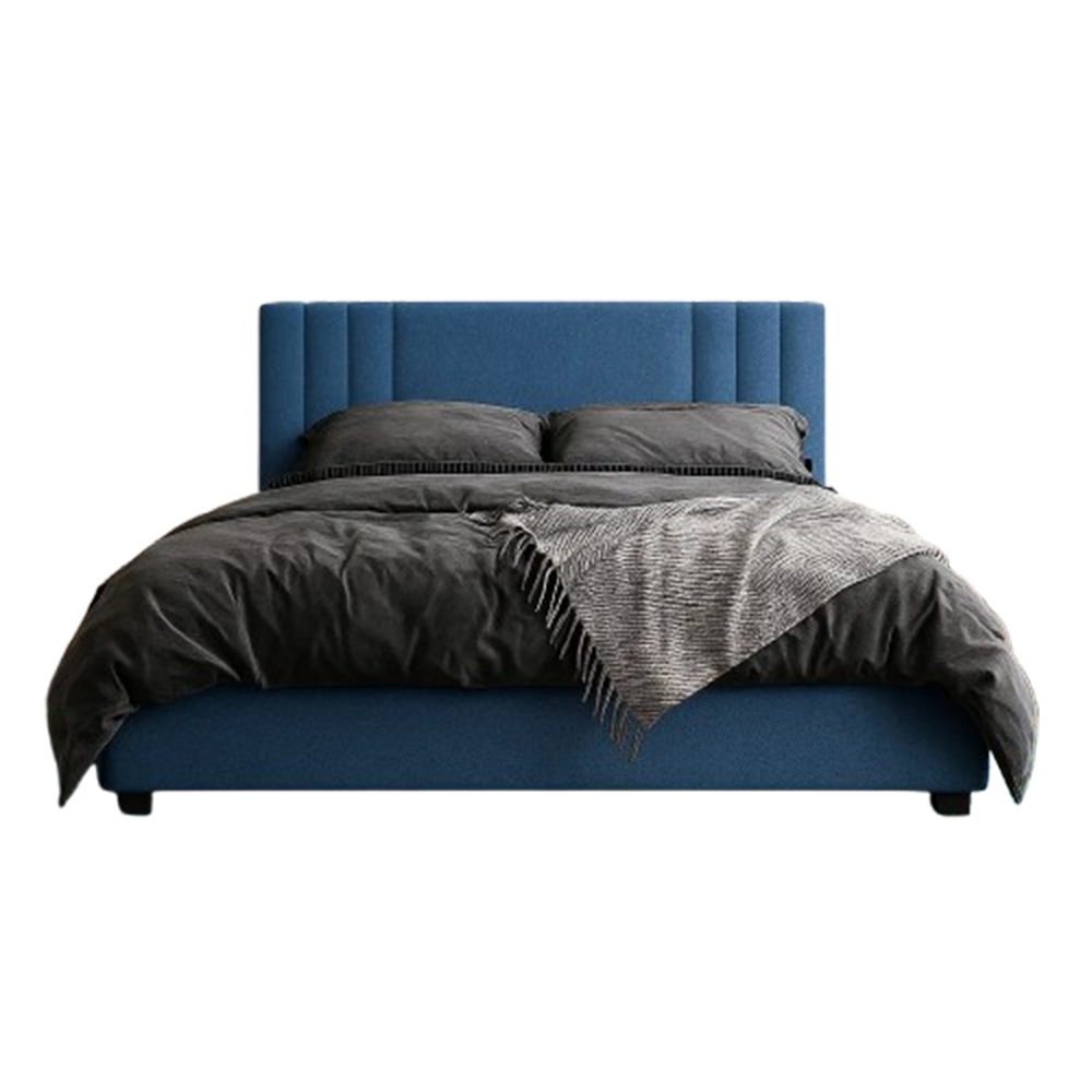 Elegant Blue Upholstered Bed Frame with Vertical Channel Headboard - Image 2