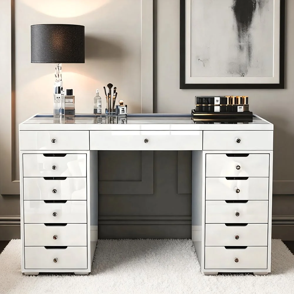 Eleganza 13-Drawer Vanity Table – High Gloss with Glass Top