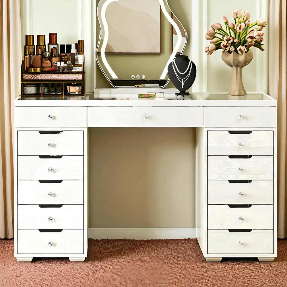 Eleganza 13-Drawer Vanity Table – High Gloss with Glass Top