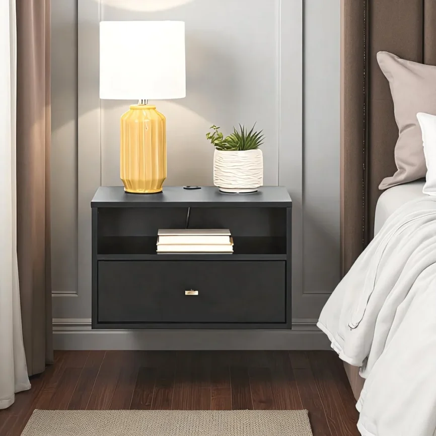 Floating Black Nightstand with Gold Handle