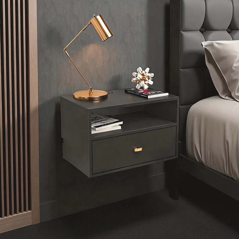 Floating Black Nightstand with Gold Handle