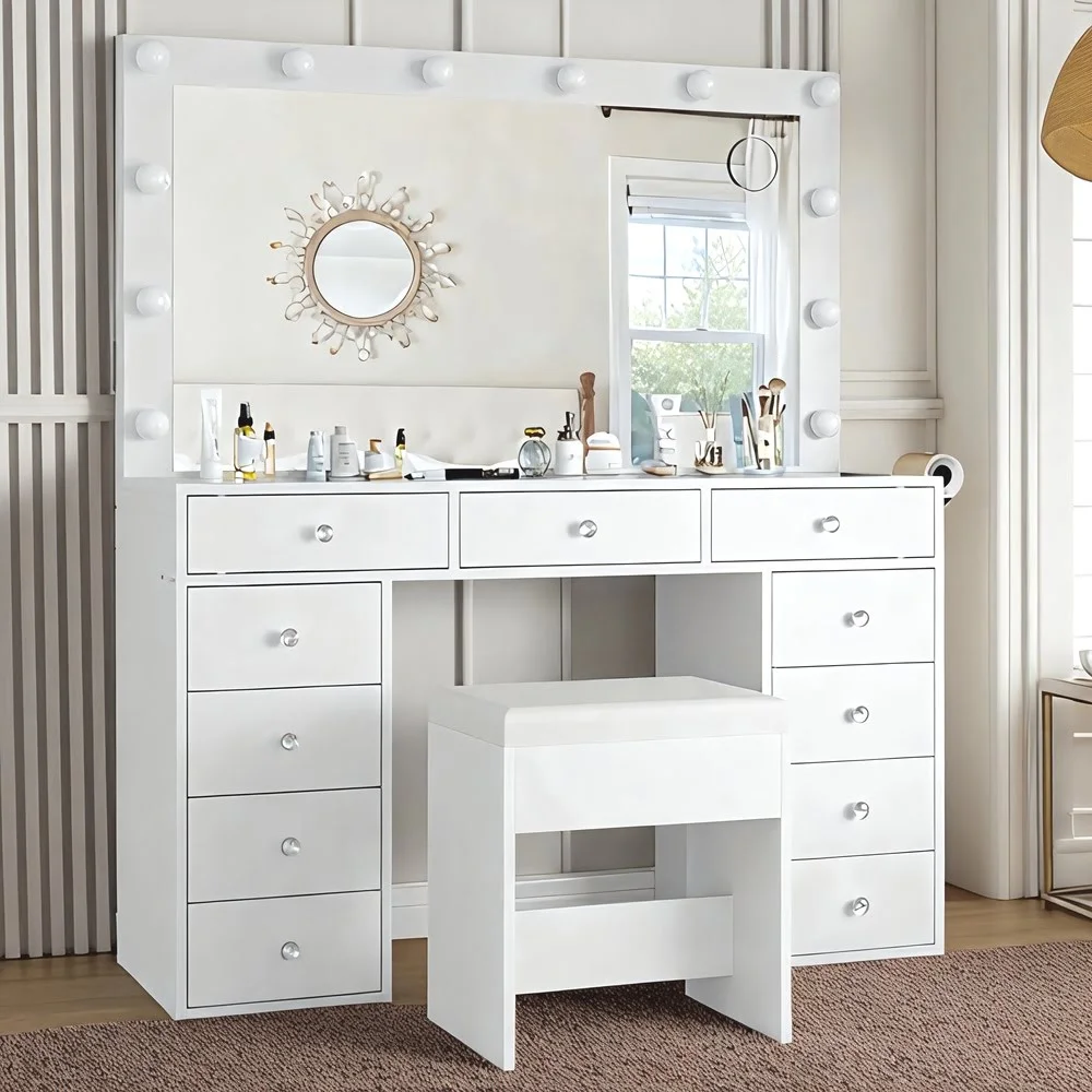 Lumière Hollywood Vanity Table with Mirror & Stool