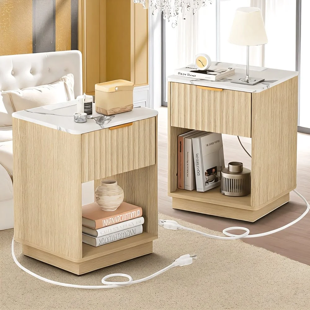 Marble-Top Ribbed Nightstand