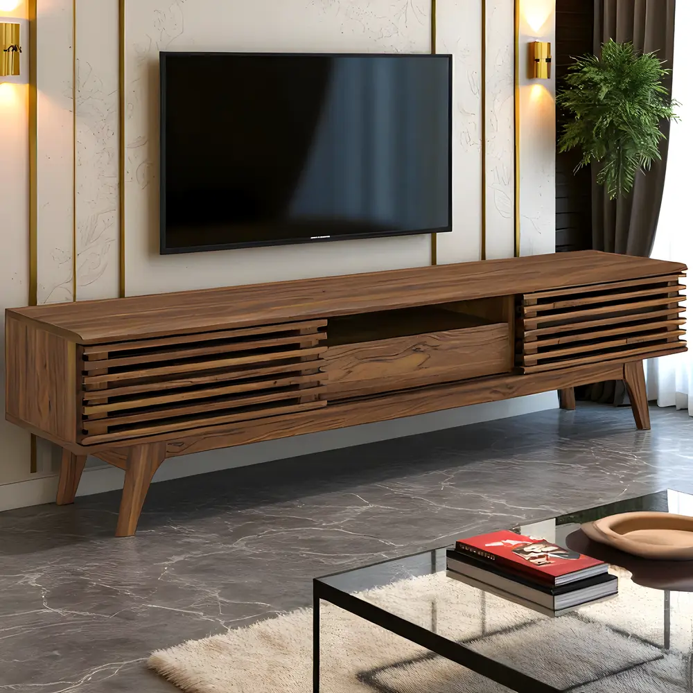 Mid-Century Modern Walnut TV Stand with Louvered Doors