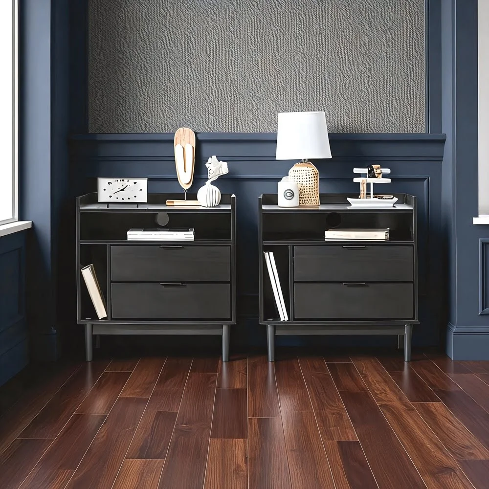Modern Black Nightstand with Open Shelf and Drawers