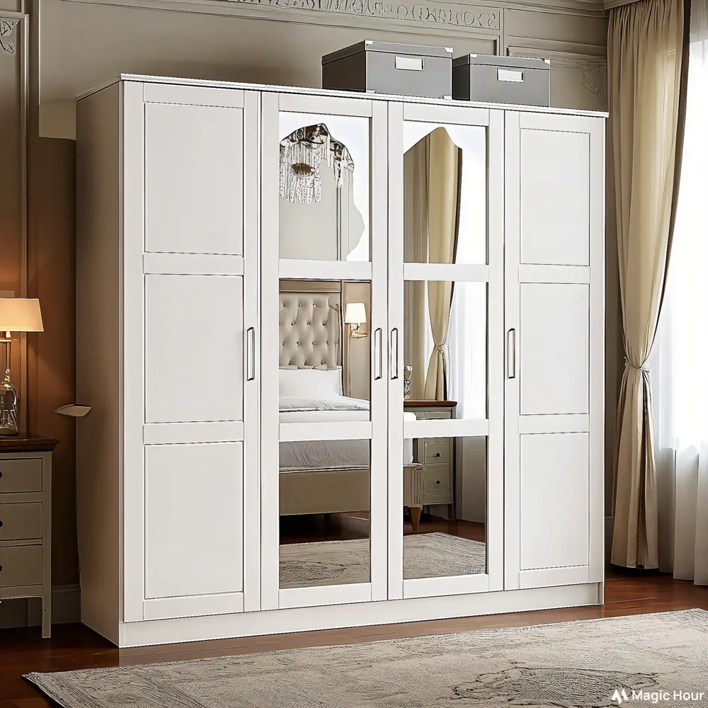 Modern White 4-Door Mirrored Wardrobe
