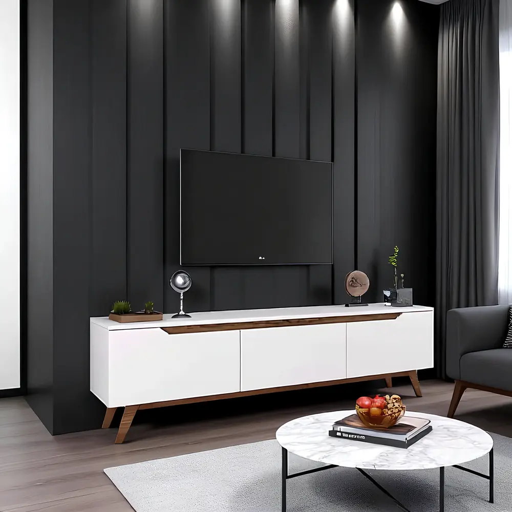 Modern White TV Stand with Walnut Accent