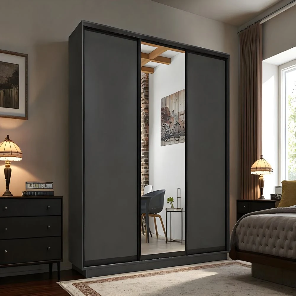 Sleek Black Sliding Wardrobe with Full-Length Mirror