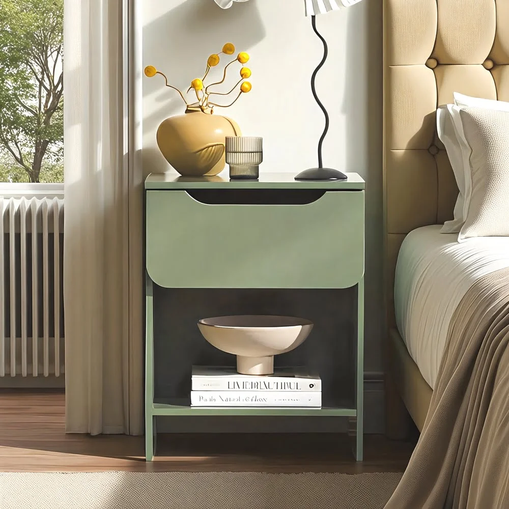 Sleek Green Nightstand with Drawer and Shelf