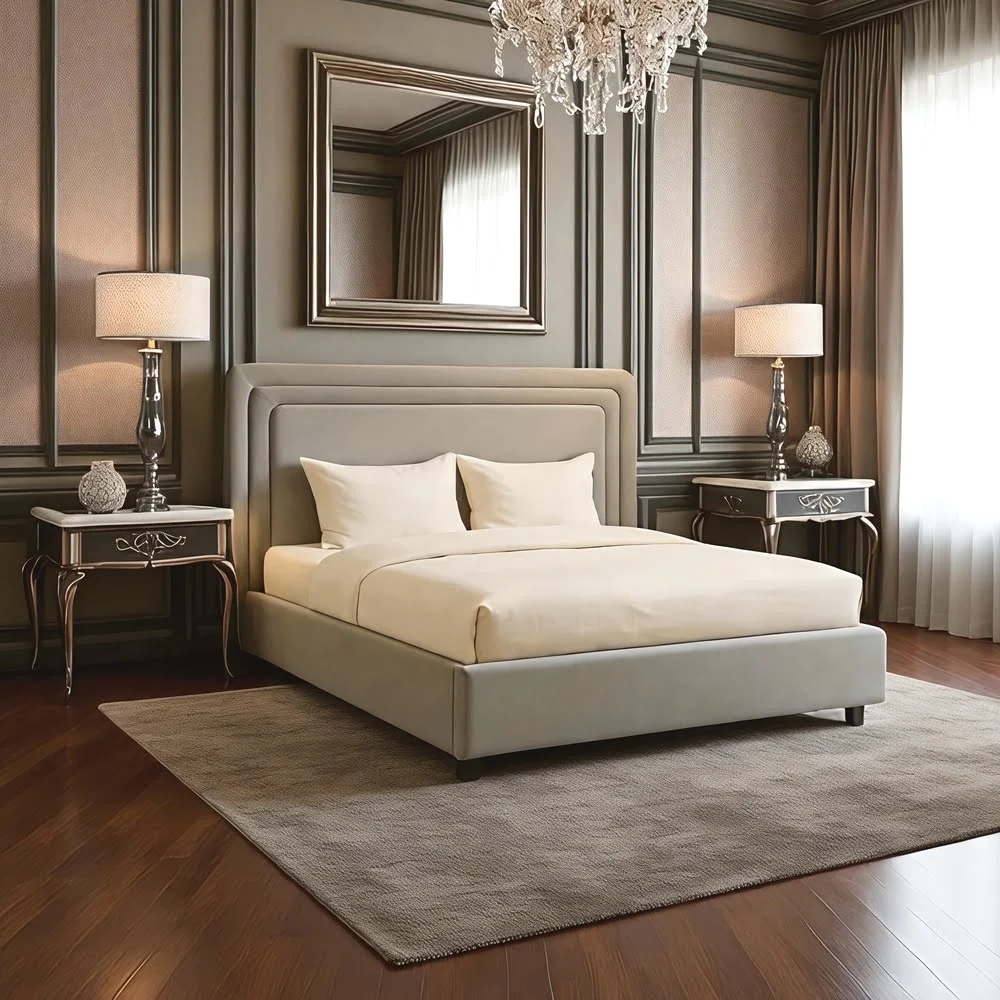 Soft Grey Upholstered Bed Frame with Rounded Headboard