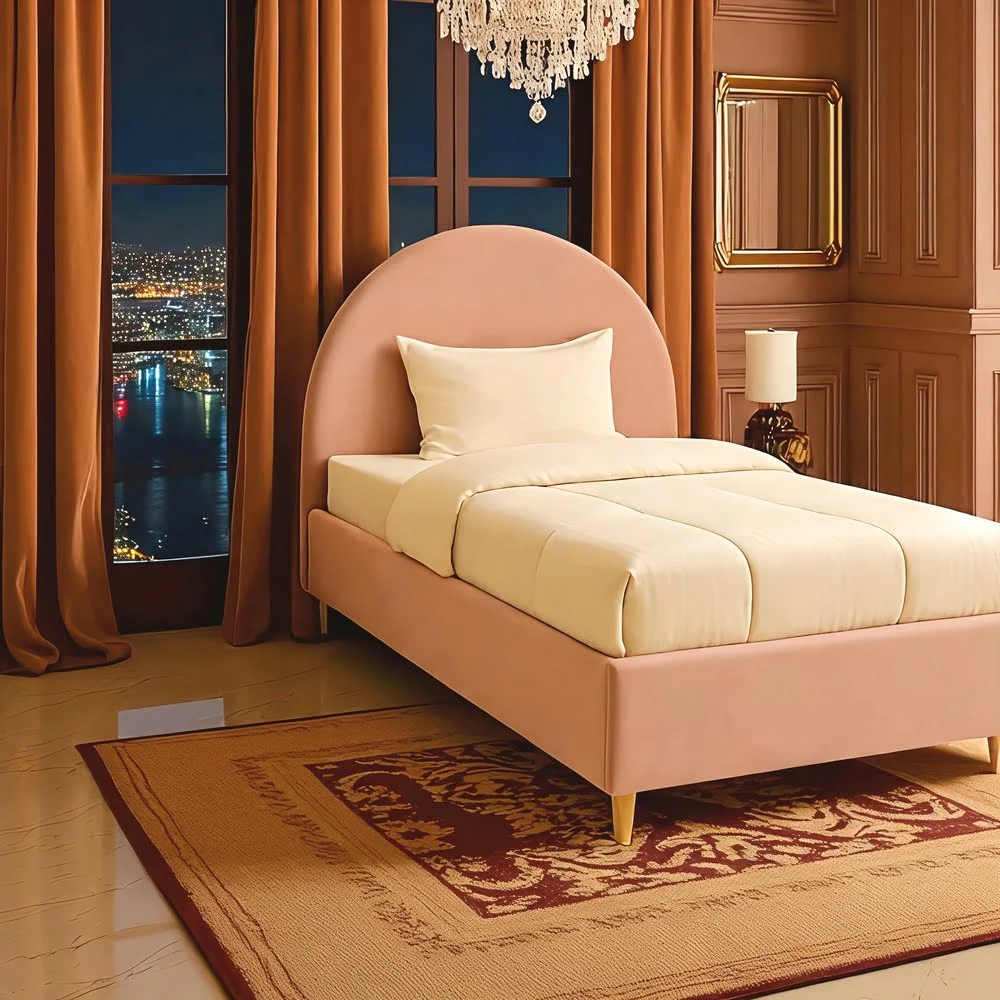 Soft Pink Upholstered Bed Frame with Rounded Headboard