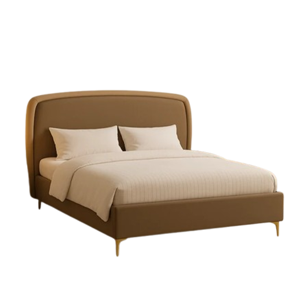 Tan Upholstered Bed Frame with Gold Accents - Image 2