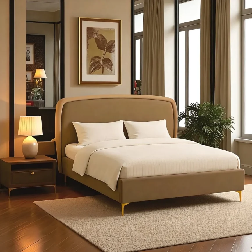 Tan Upholstered Bed Frame with Gold Accents
