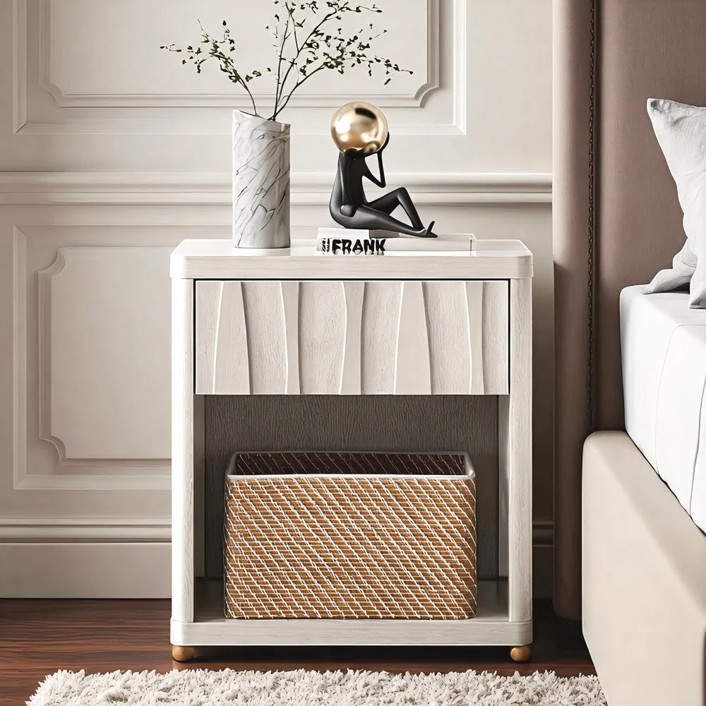 Textured White Nightstand with Drawer and Open Shelf