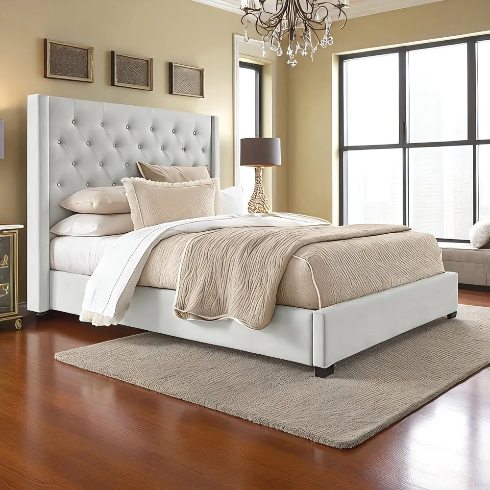 Tufted Beige Upholstered Bed Frame