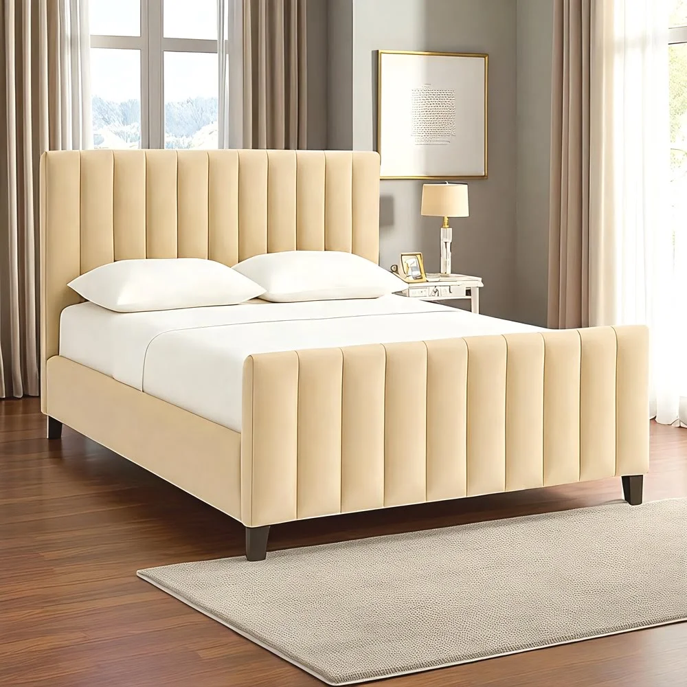 Velvet Grey Channel Tufted Bed Frame
