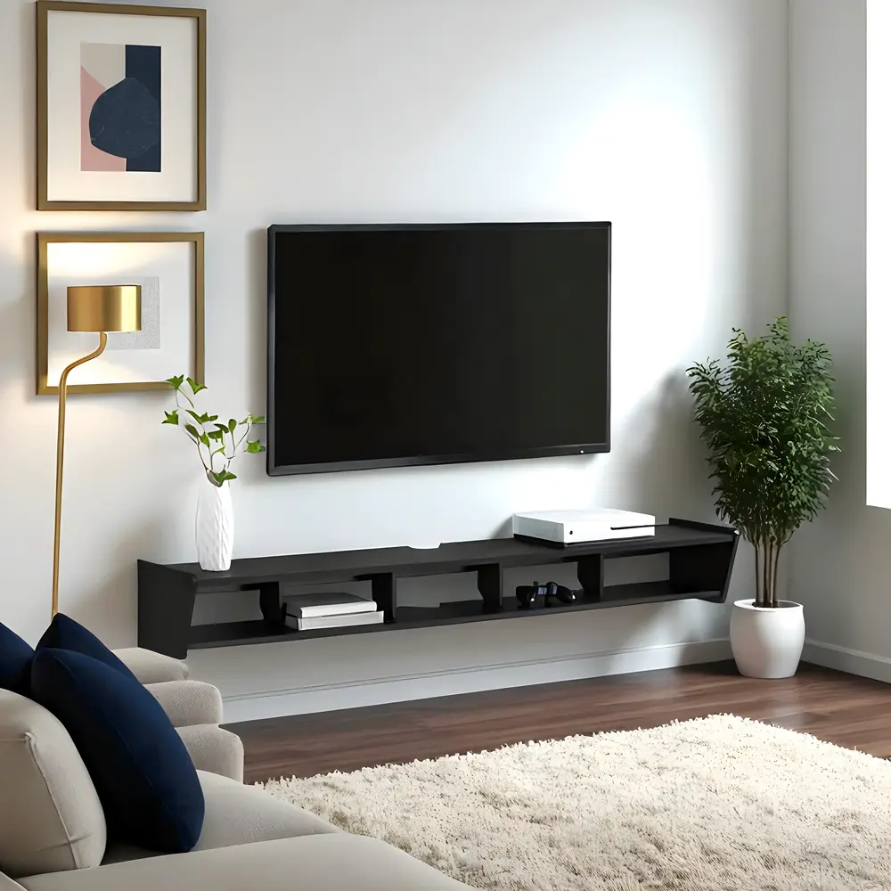 Wall-Mounted Black TV Stand with Open Shelves