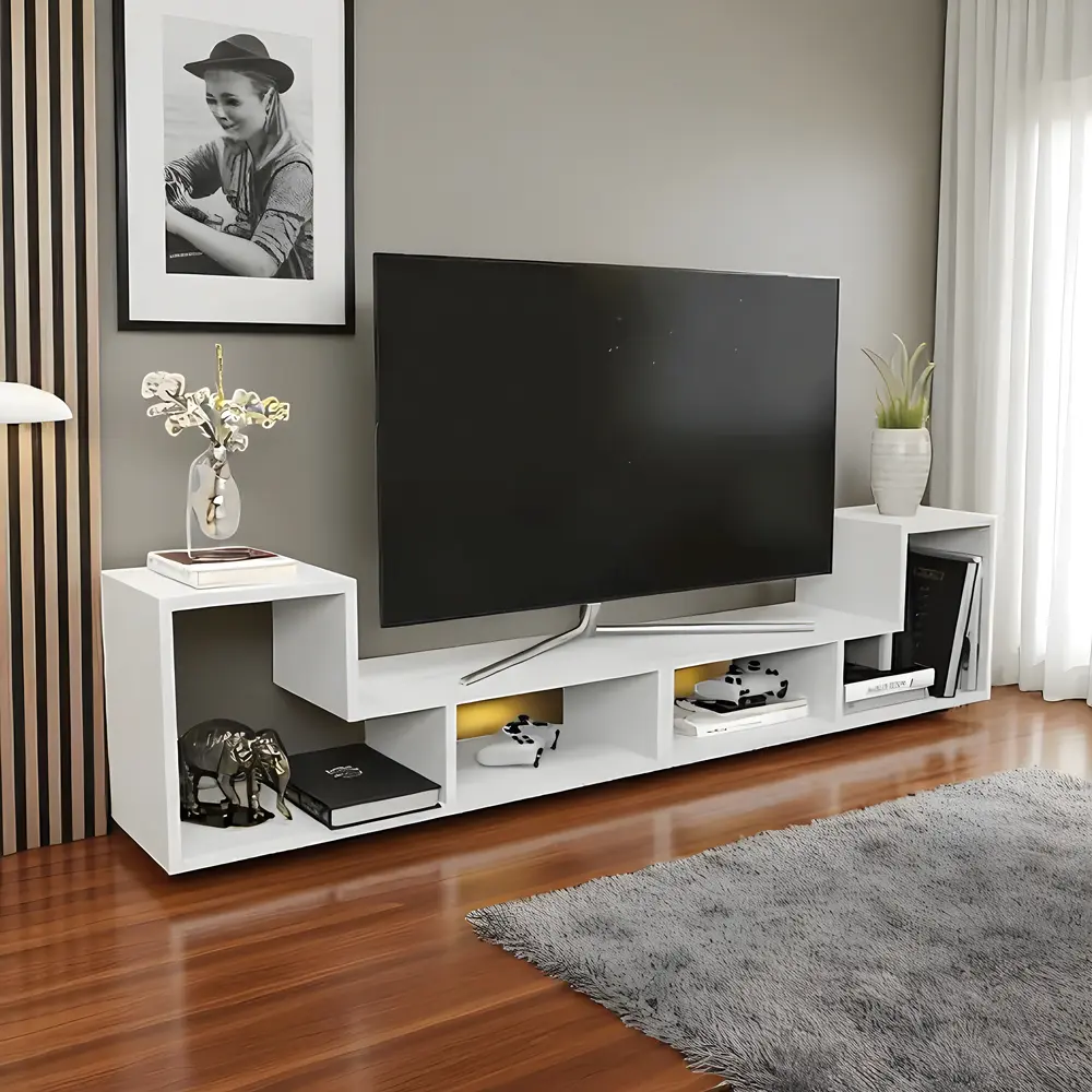 White Modular TV Stand with Open Shelves