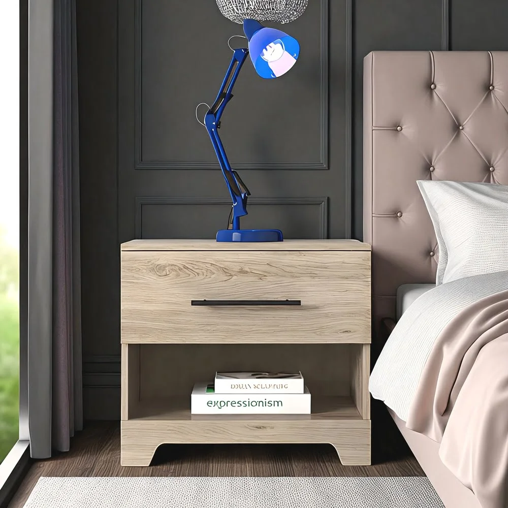 Wooden Nightstand with Drawer and Open Shelf