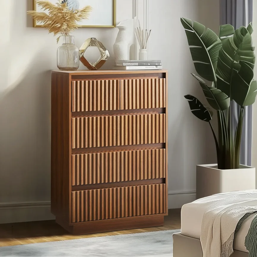 Walnut Ribbed 4-Drawer Dresser