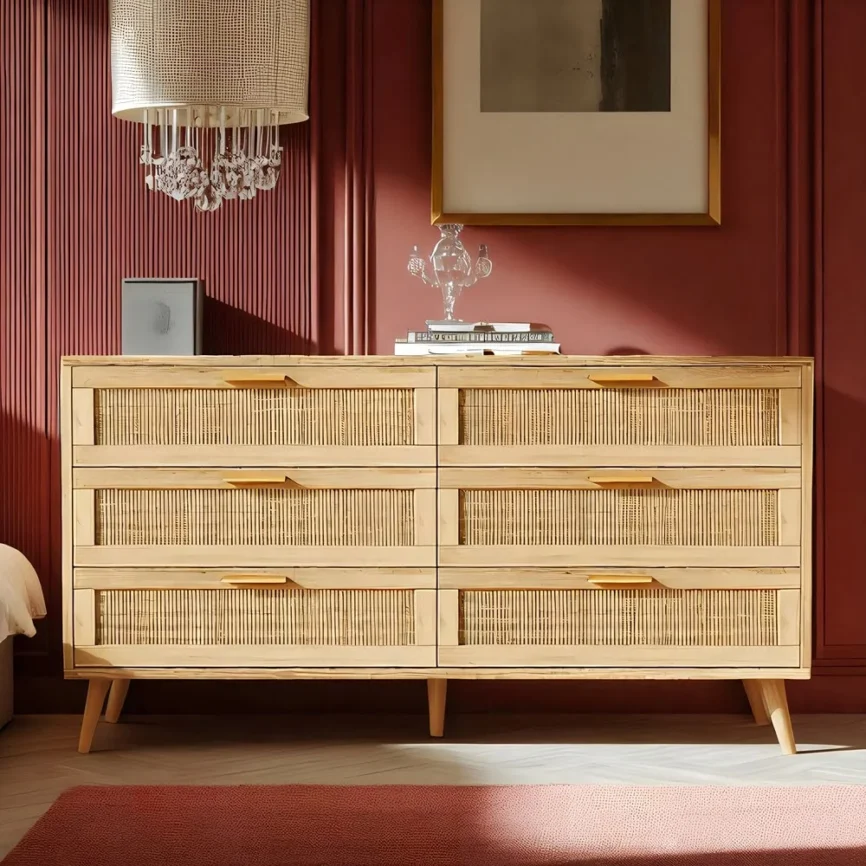 Oak Rattan 6-Drawer Dresser