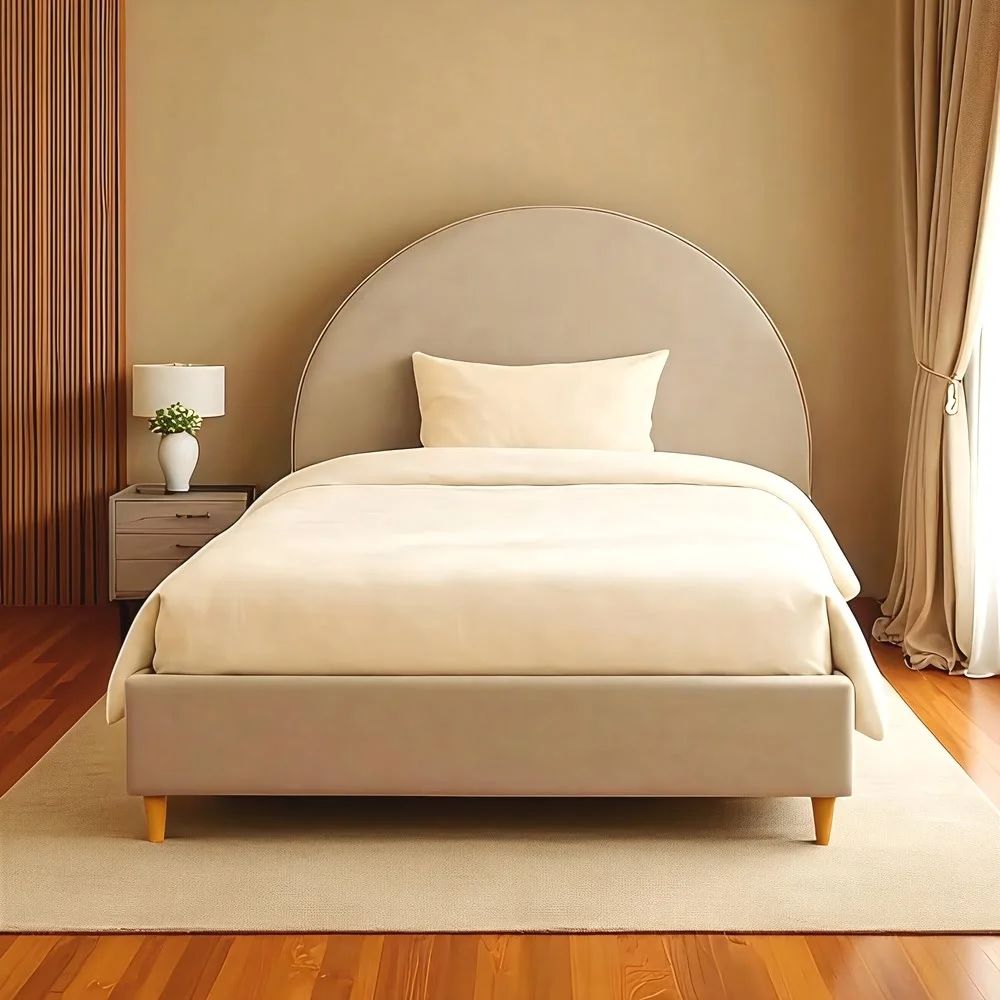 Soft Grey Upholstered Bed Frame with Rounded Headboard