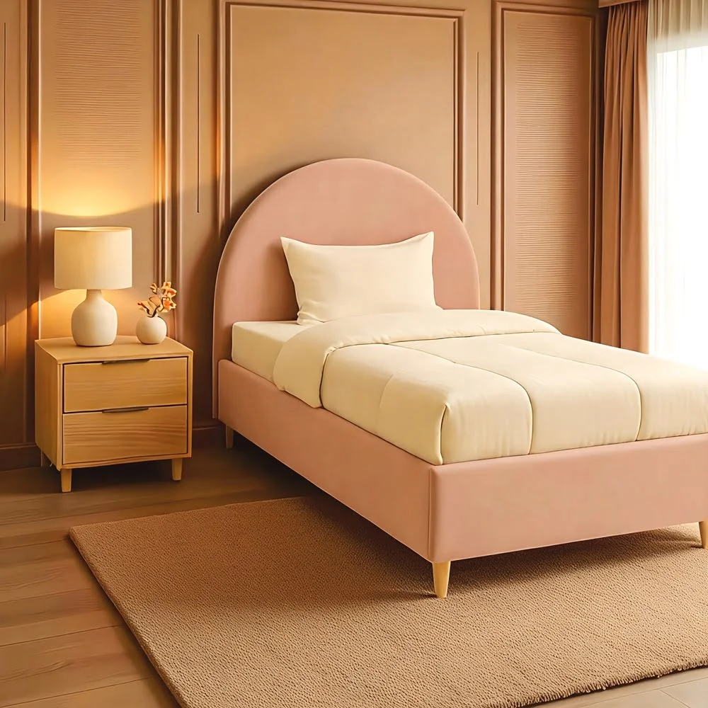 Soft Pink Upholstered Bed Frame with Rounded Headboard