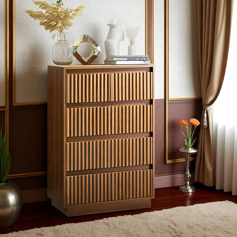 Walnut Ribbed 4-Drawer Dresser