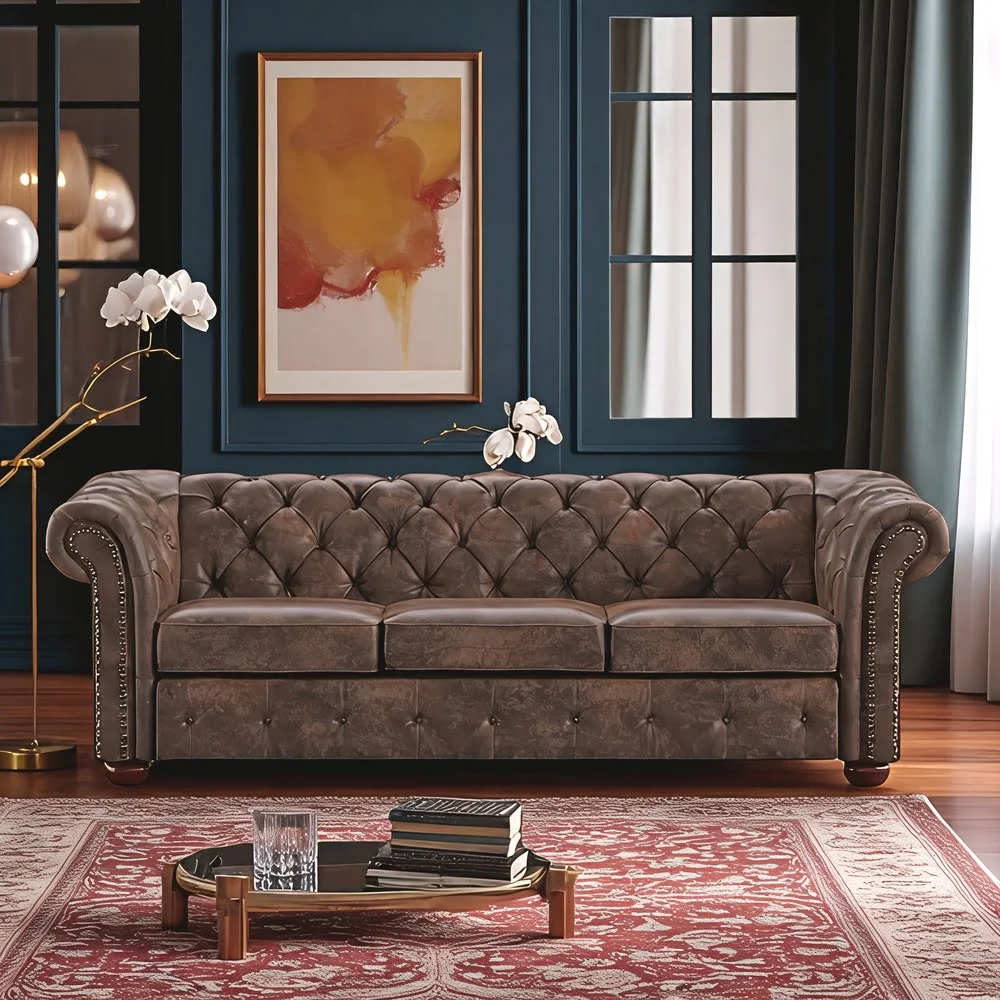 Black Faux-Leather Minimalist Sofa