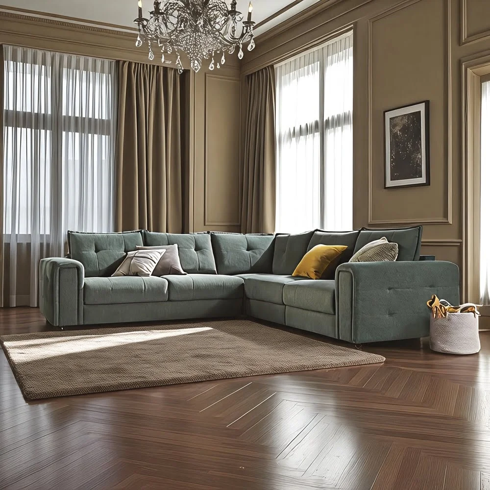 Dark Green Tufted Sectional Sofa