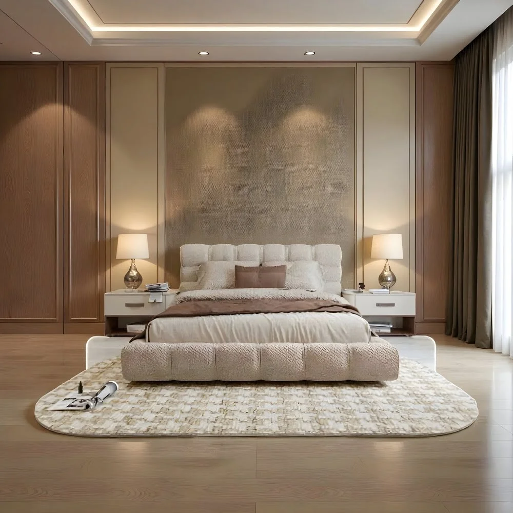 Beige Tuft Upholstered Platform Bed