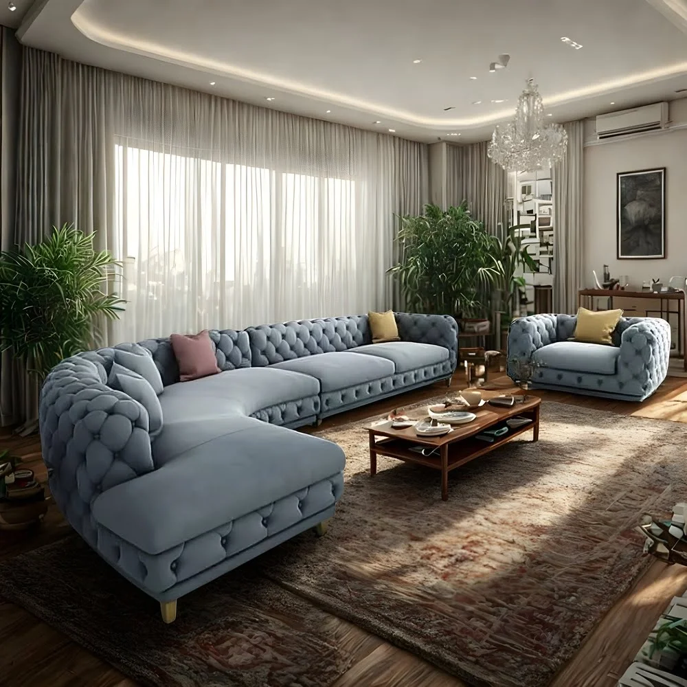 Azure Tufted L-Sectional Sofa