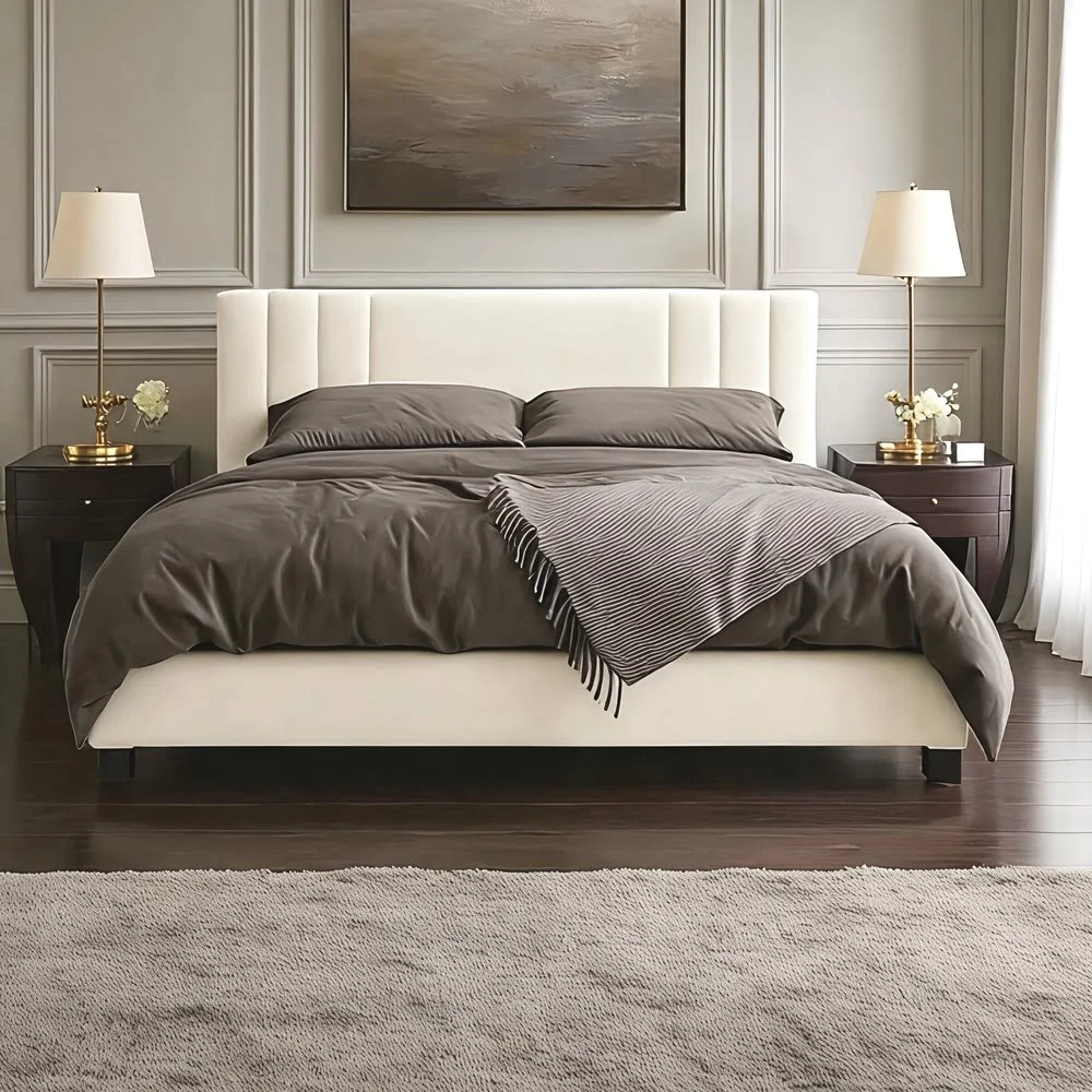 Elegant Blue Upholstered Bed Frame with Vertical Channel Headboard