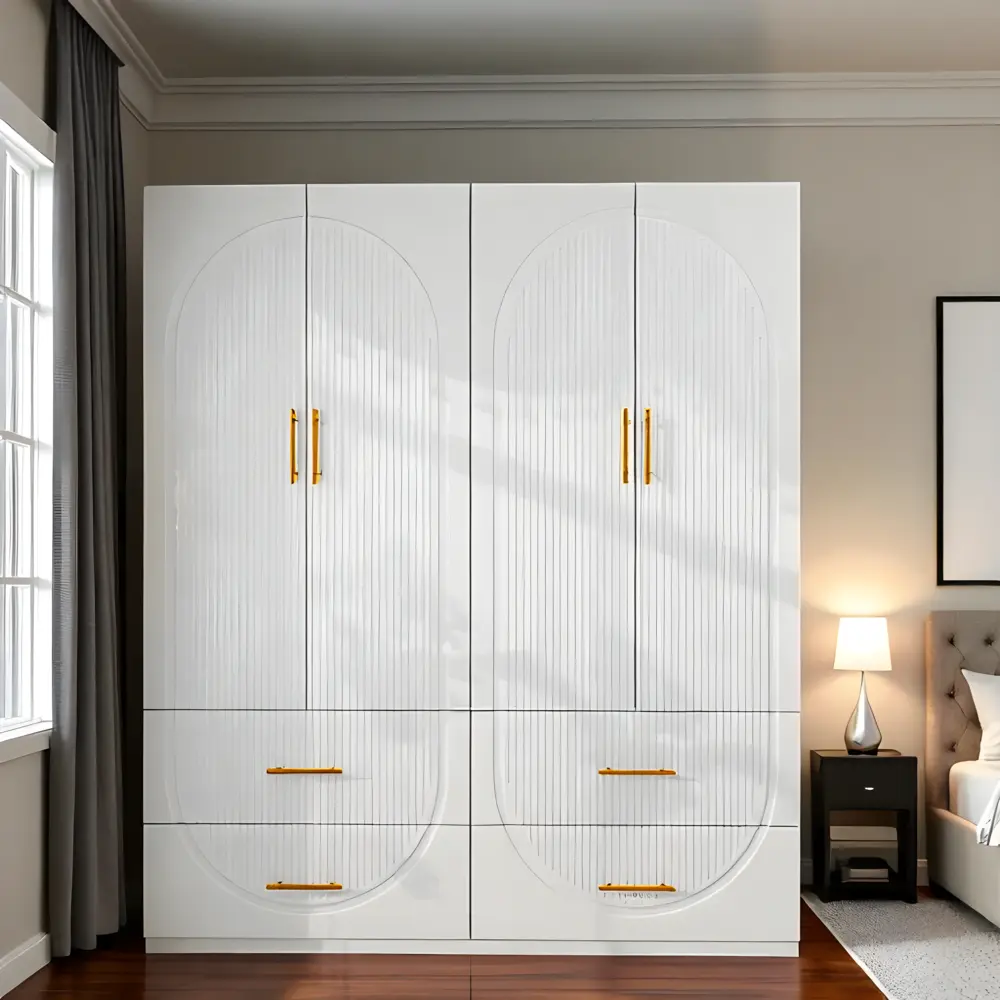 Elegant White 4-Door Wardrobe with Ribbed Detailing and Gold Handles