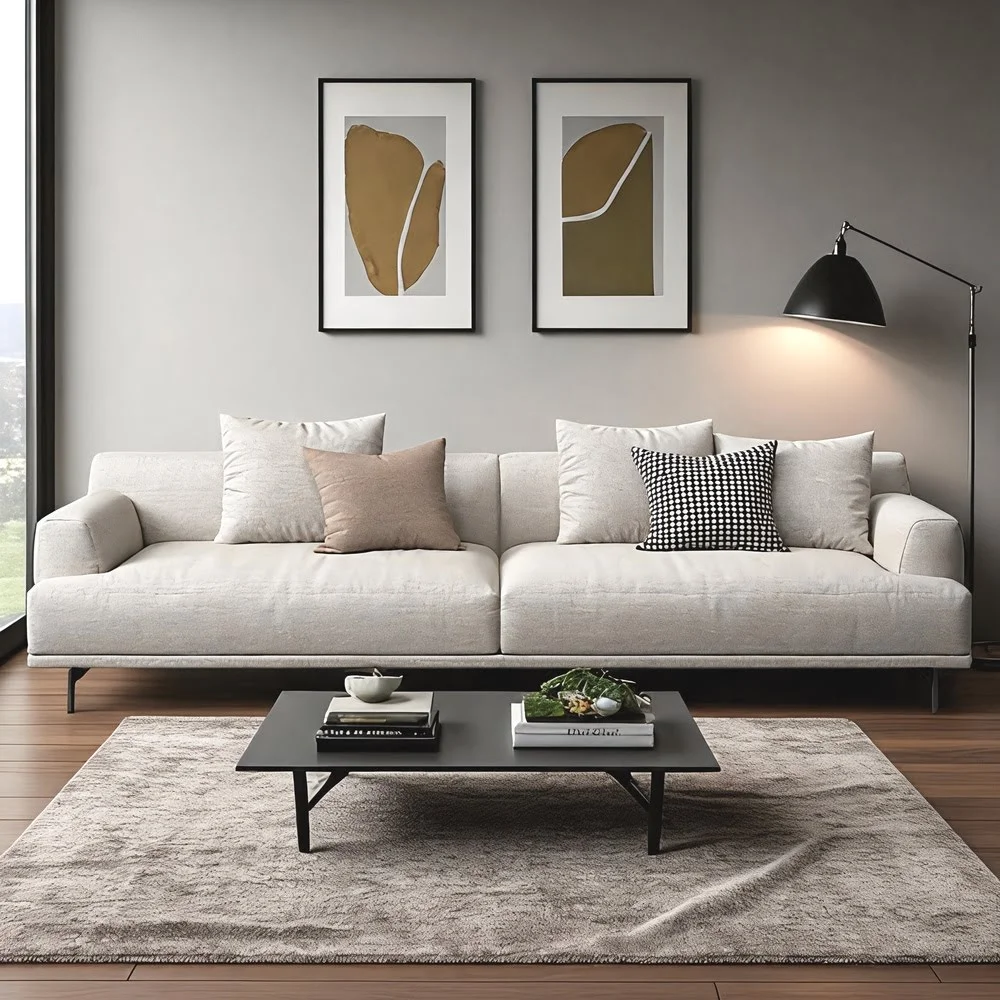 Ivory Linen Curved-Back Sofa