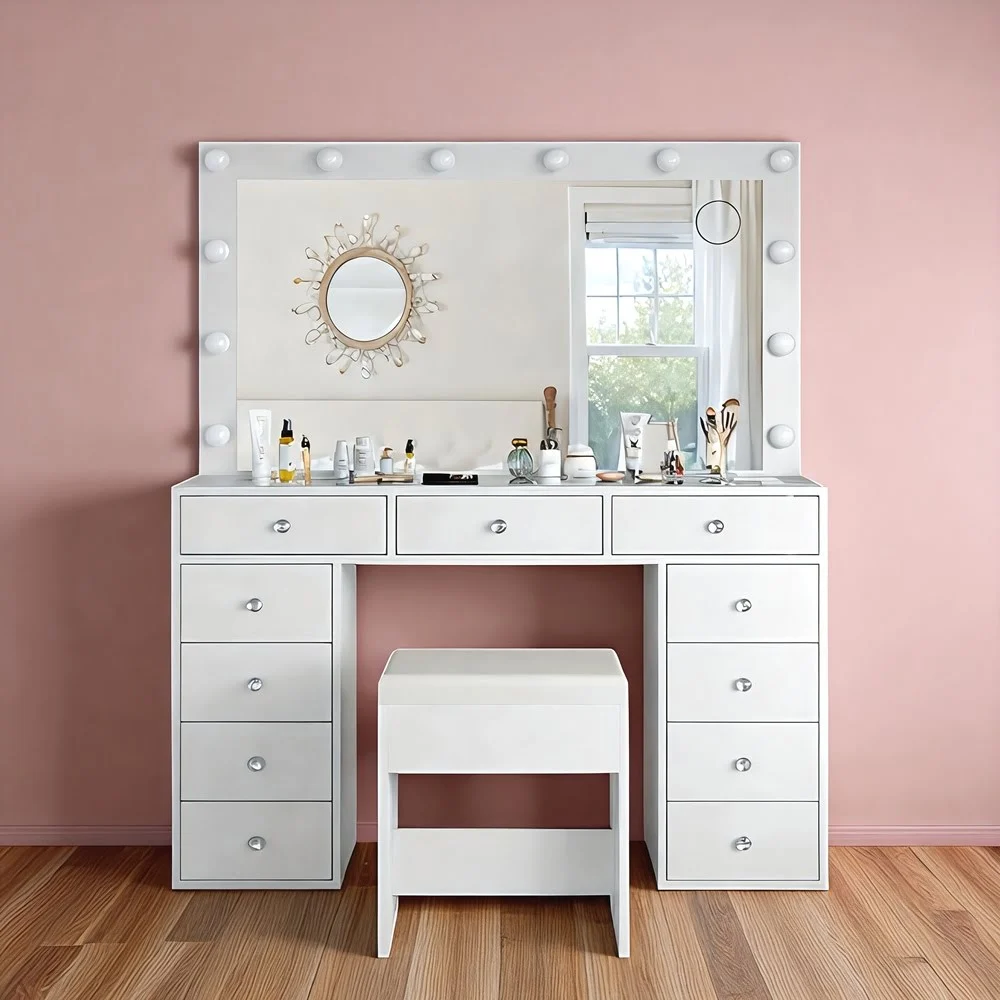 Lumière Hollywood Vanity Table with Mirror & Stool