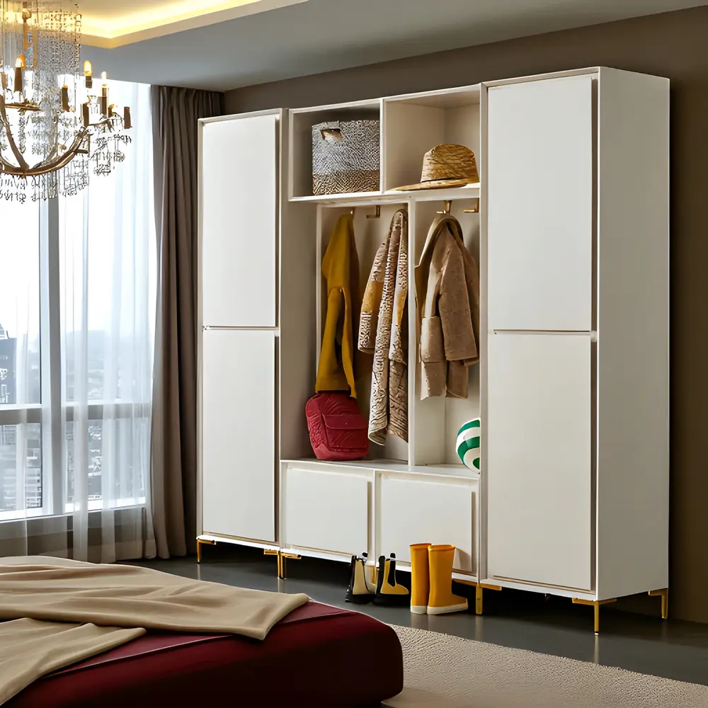 Modena Modular Entryway Wardrobe with Hooks & Cabinets – Matte White & Gold