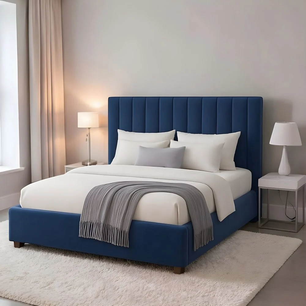 Navy Blue Velvet Tufted Bed