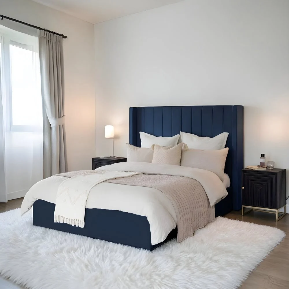 Navy Blue Velvet Wingback Bed