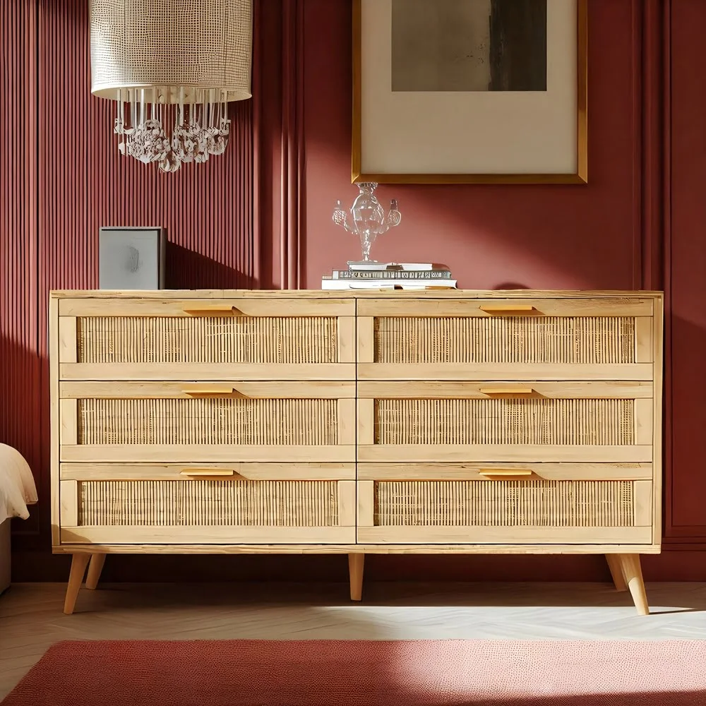 Oak-Rattan-6-Drawer-Dresser