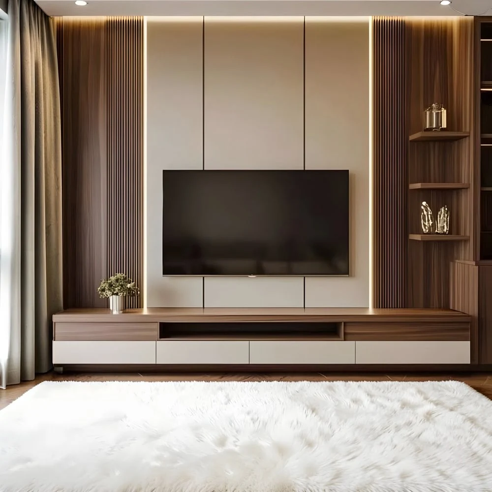 Walto Duo — Full-Wall TV Feature Unit with Slatted Panels & Corner Shelving