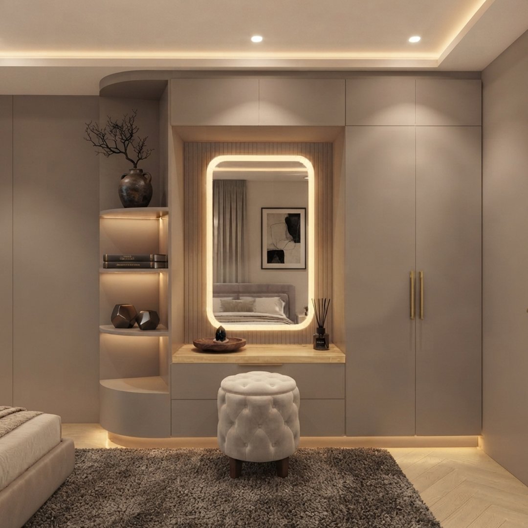 Modern Beige Wardrobe with LED Dressing Table