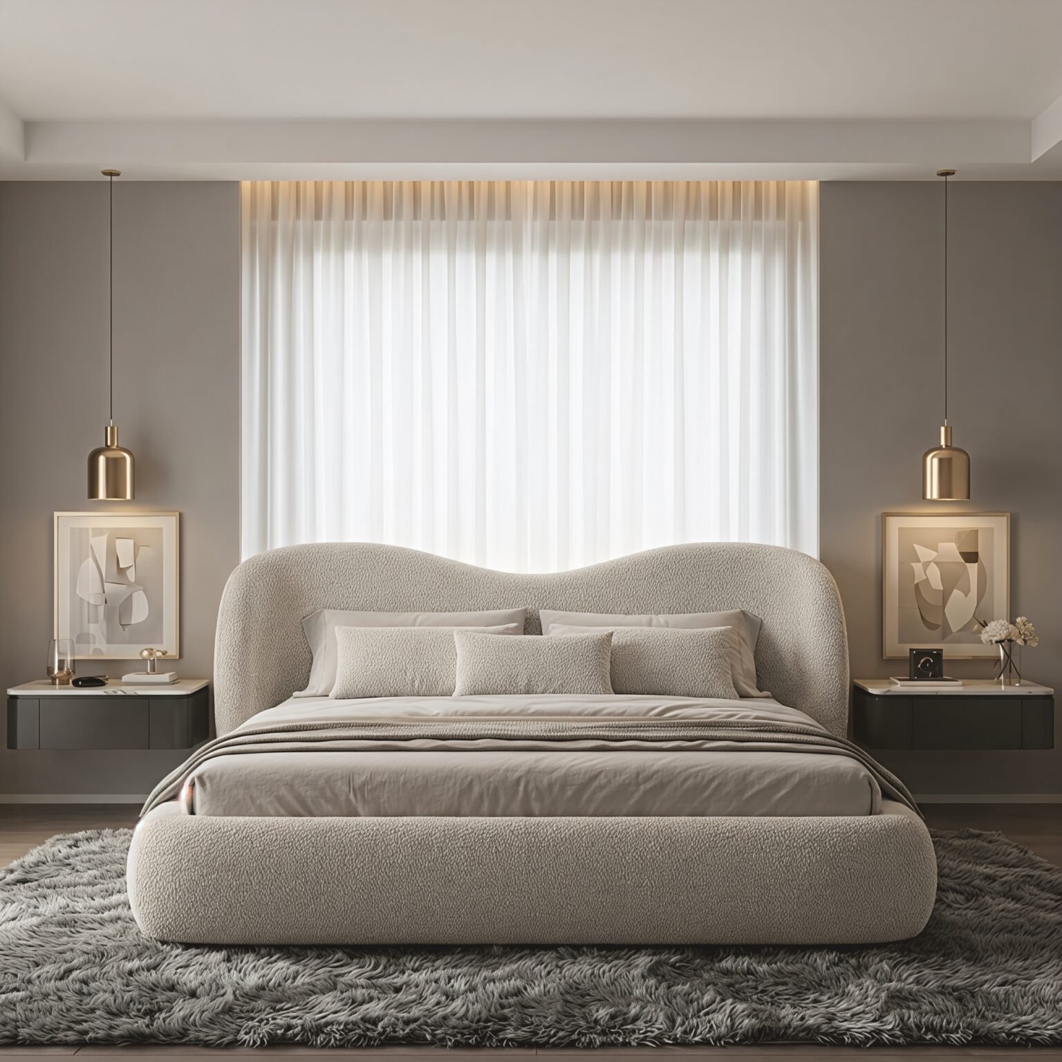 Modern beige upholstered bed with a curved wave-shaped headboard and rounded frame in an elegant contemporary bedroom.