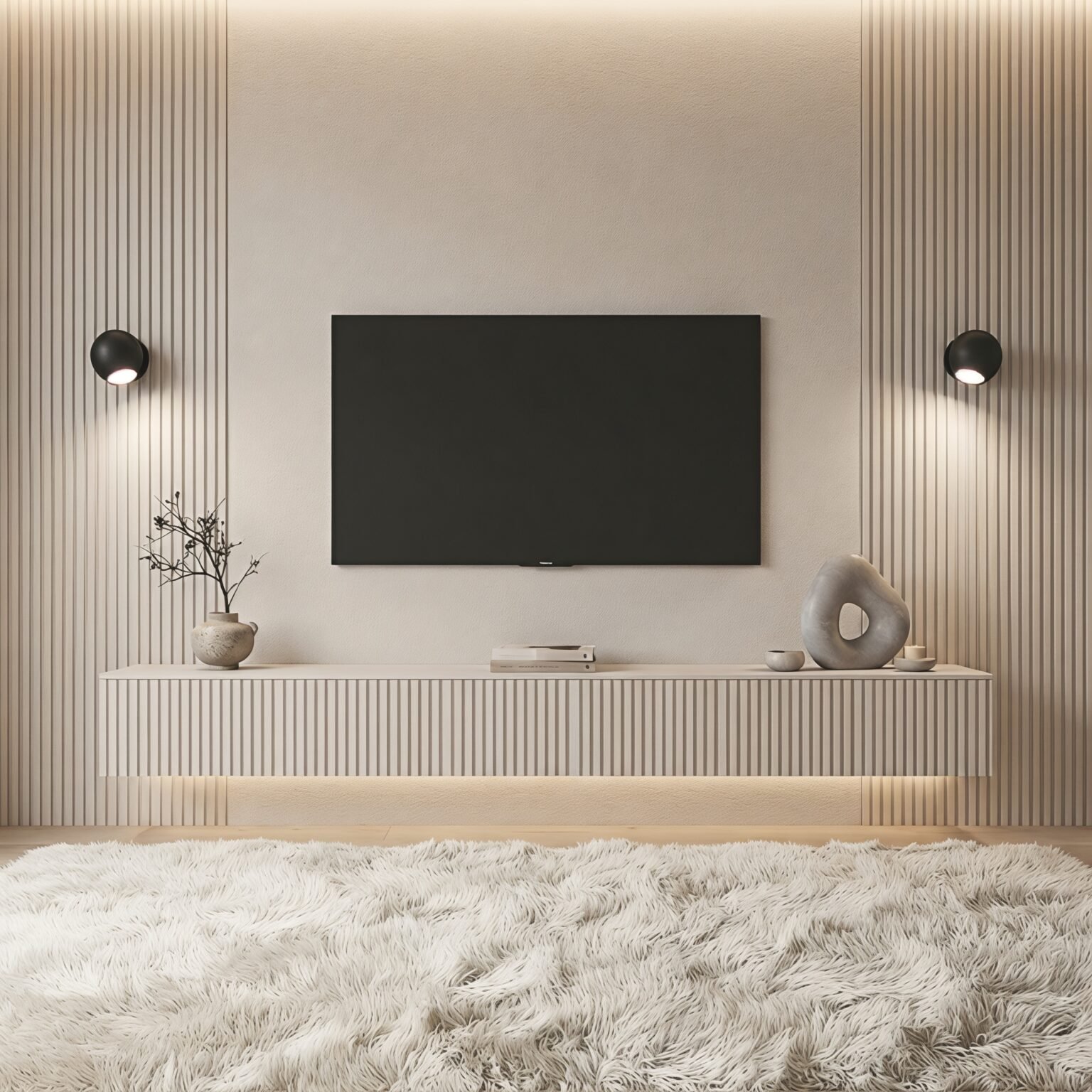 Modern beige floating TV console with a vertical fluted front beneath a wall-mounted television.