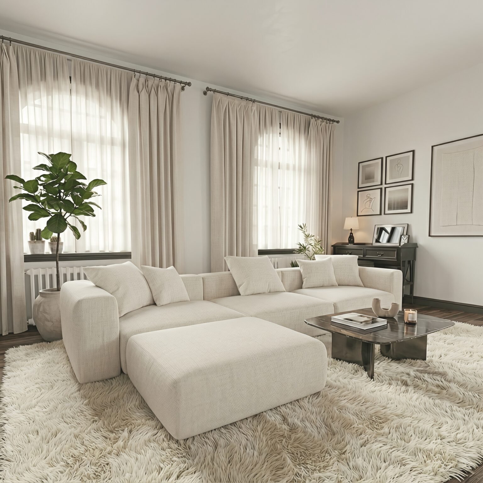 Modern beige L-shaped sectional sofa with matching ottoman in an elegant contemporary living room.